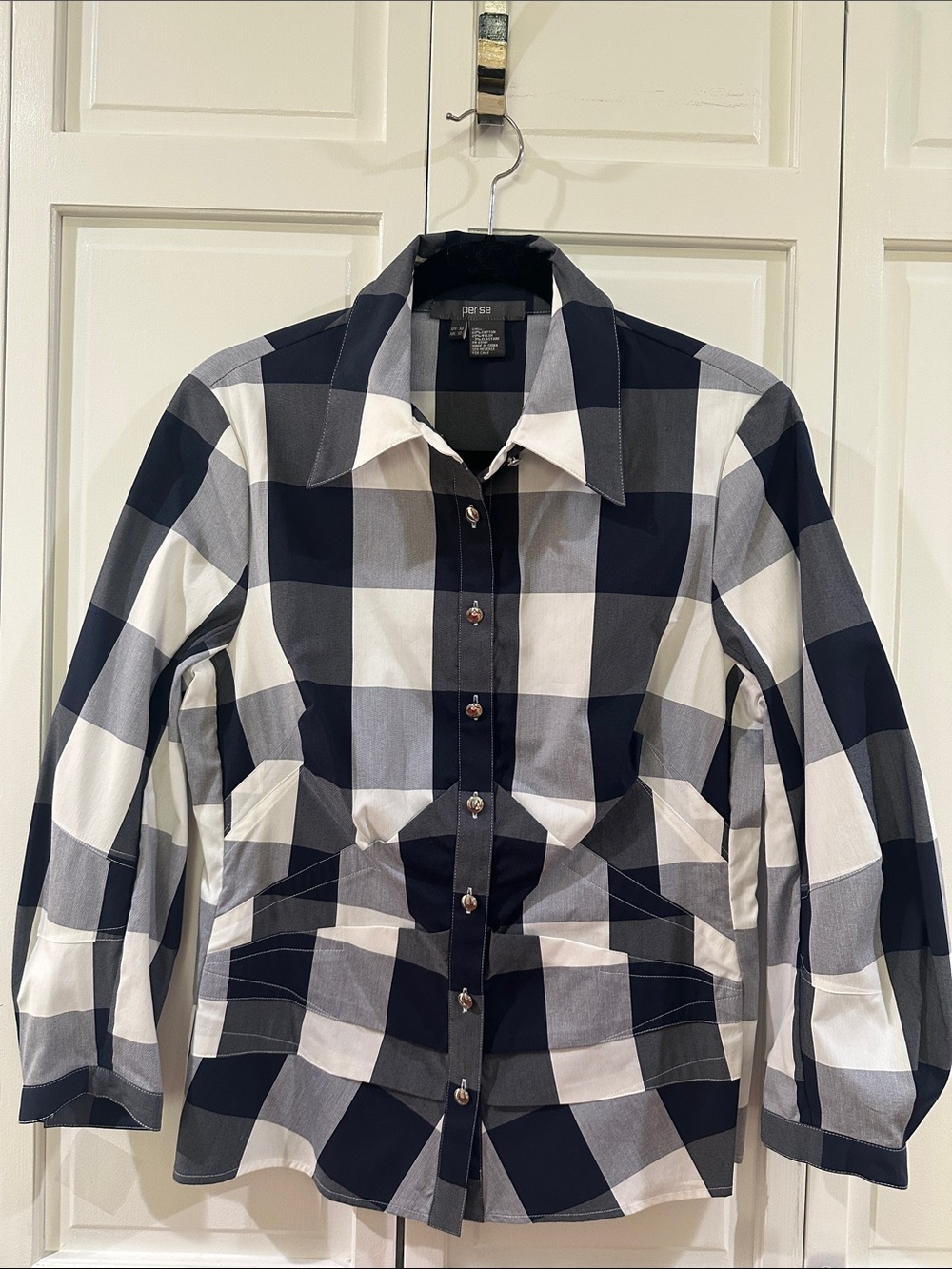 Per Se NWT Black & White Large Check Button-Down Shirt, Size 10